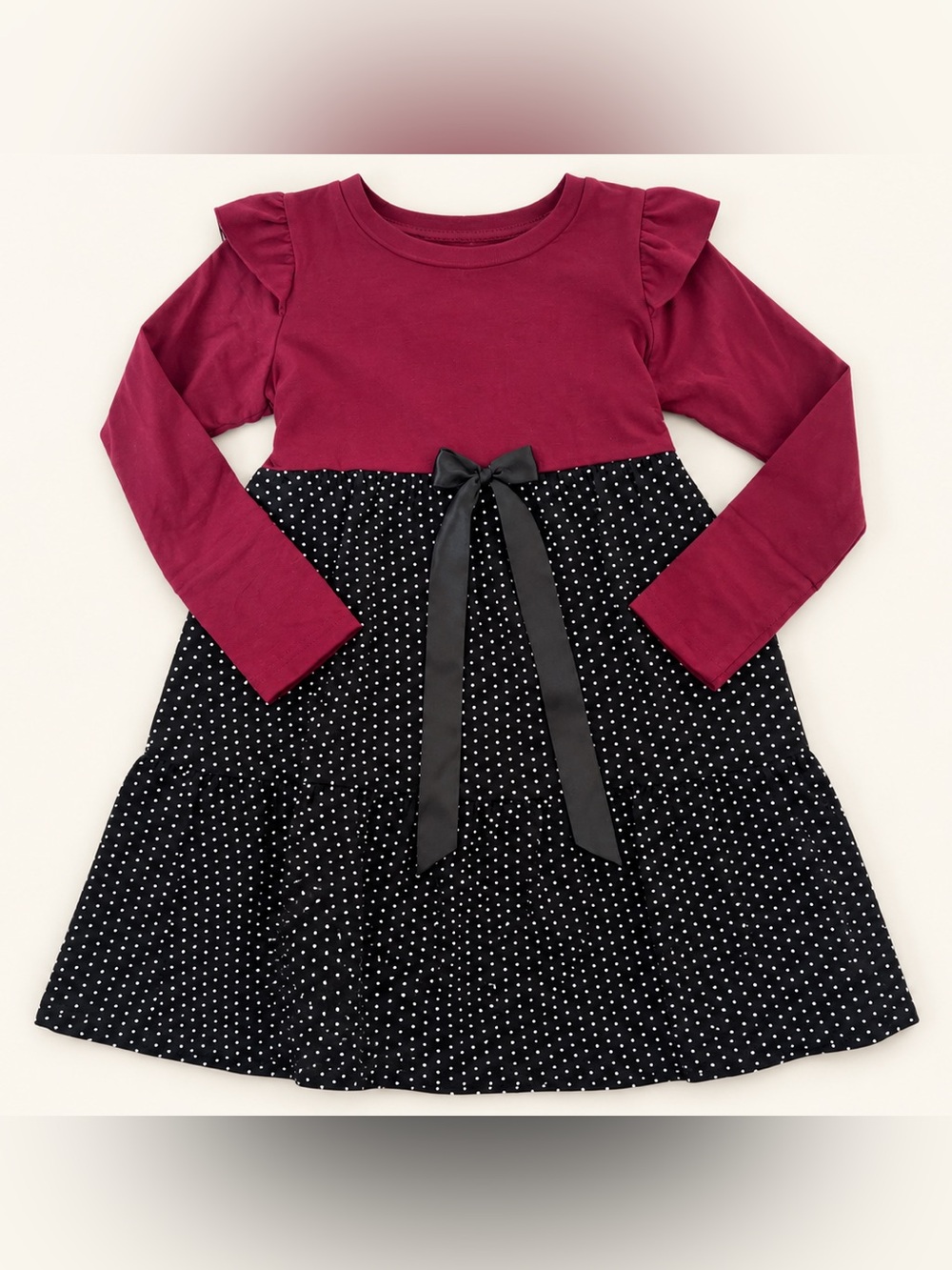 Girls Long-Sleeve Burgundy and Black Polka Dot Dress with Bow